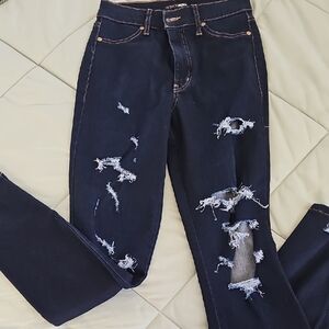Fashion Nova Dark Blue Distressed Skinny Jeans